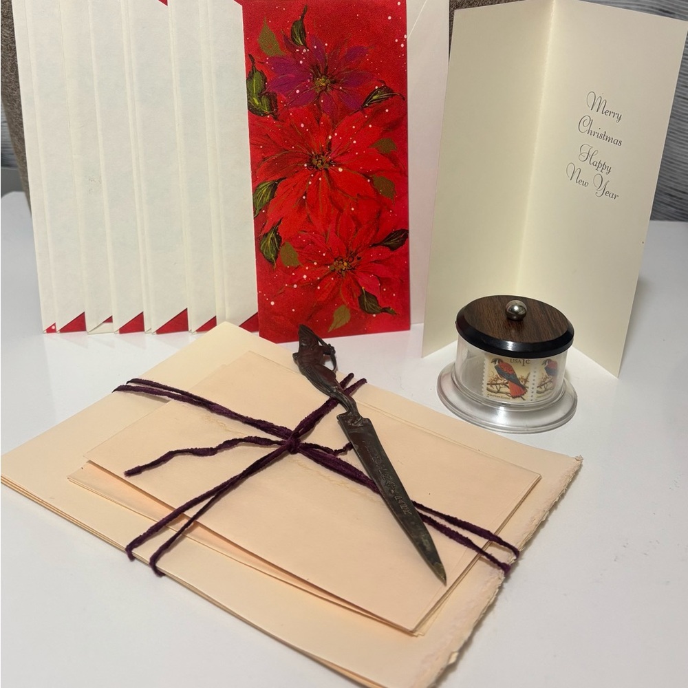 Vintage LOT includes Letter Opener,stamp roll holder, x-mas cards, stationery